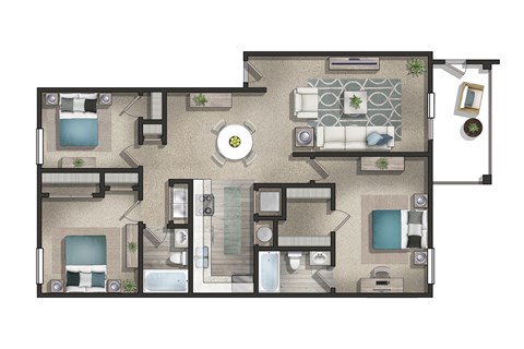 Floor plan for 3 beds, 2 baths, 1350 sqft